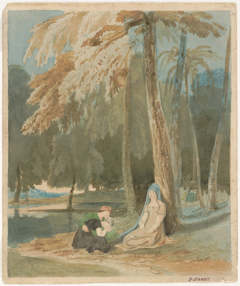 Three Women Seated by a Wooded Lake by Francis Danby (Irish, 1793 - 1861), 16X12"(A3)Poster Print