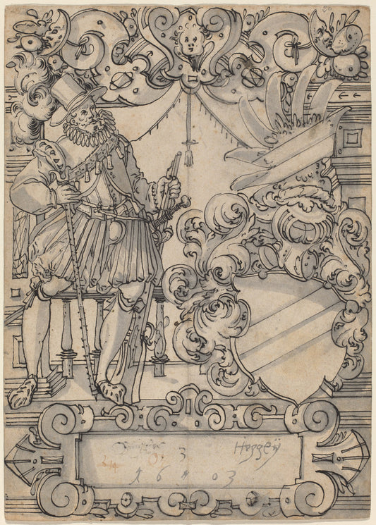 A Donor with a Coat of Arms (Schildbegleiter und Wappenschild mit Schrägbalken) by Hans Jegli II (Swiss, 1580 - 1643), 16X12"(A3)Poster Print
