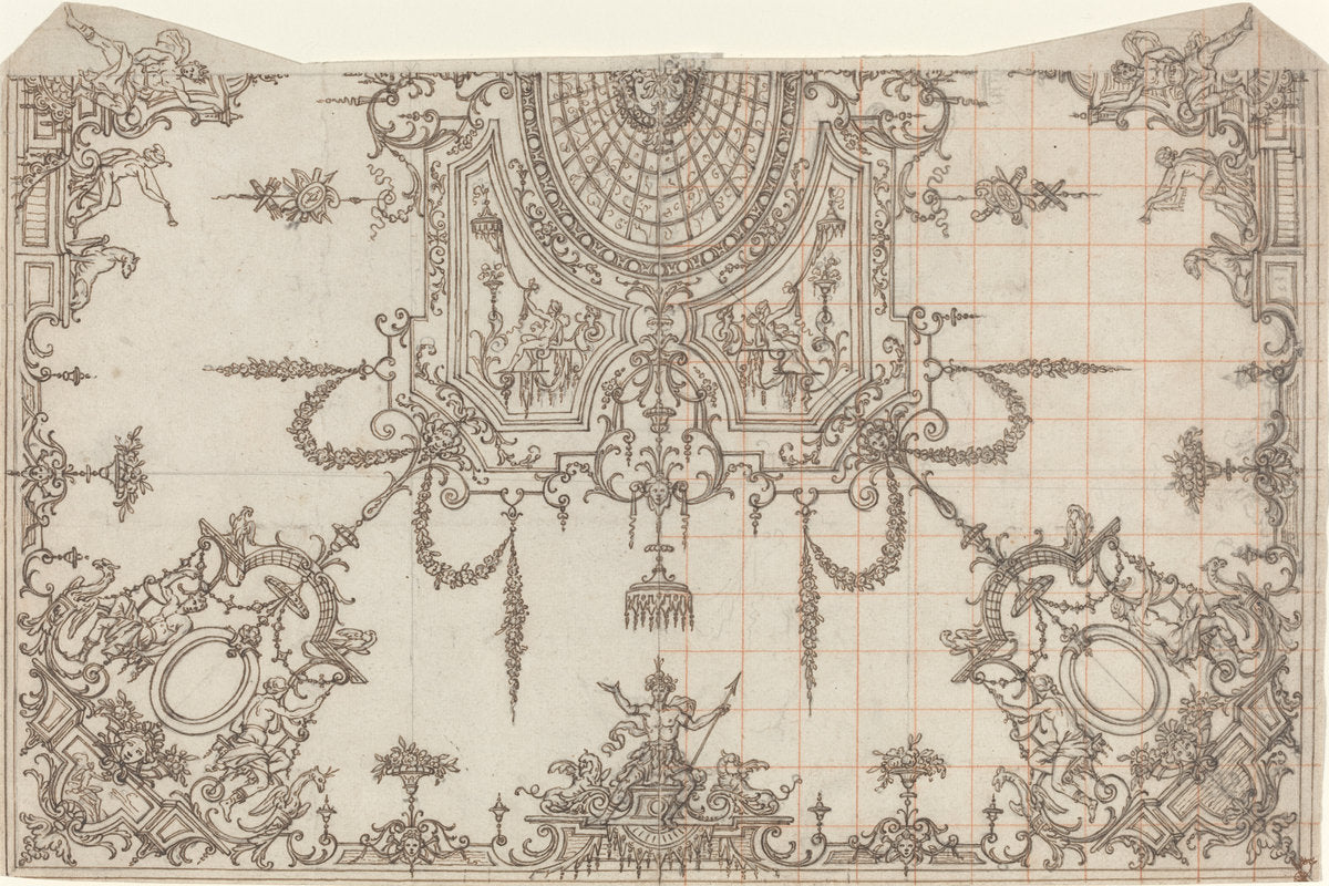 An Elaborate Ceiling with Trellises and Seated Figures by Jean Bérain (French, 1640 - 1711), 16X12"(A3)Poster Print