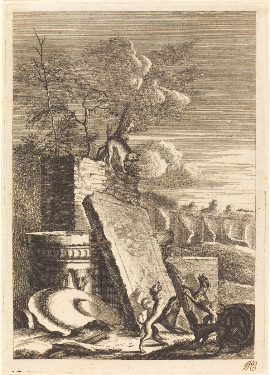 Dogs Pursuing a Cat by Bernhard Zaech after Jonas Umbach (German, active c. 1650), 16X12"(A3)Poster Print