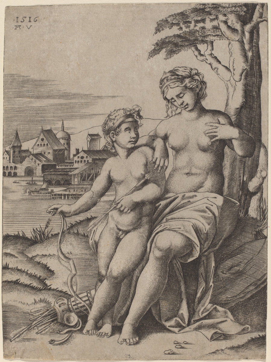 Venus and Cupid by Agostino dei Musi after Raphael (Italian, c. 1490 - 1536 or after), 16X12"(A3)Poster Print