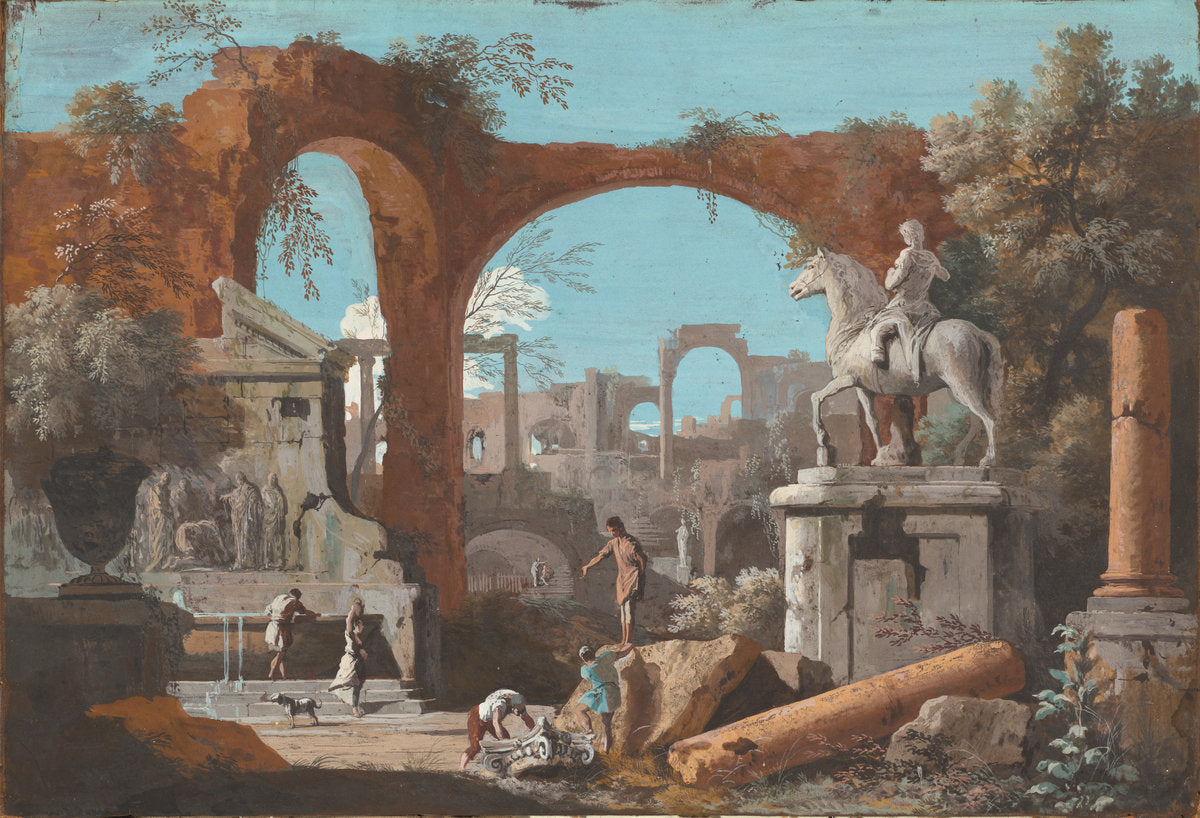 A Capriccio of Roman Ruins by Marco Ricci (Venetian, 1676 - 1729), 16X12"(A3)Poster Print