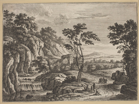 Landscape with Ruins and a Waterfall by Johann Christoph Dietzsch (German, 1710 - 1769), 16X12"(A3)Poster Print
