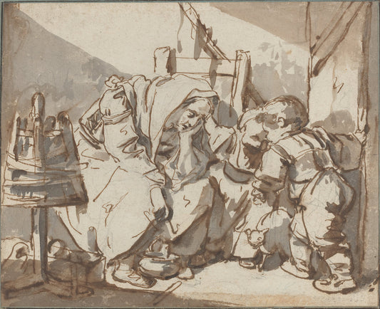 A Tired Woman with Two Children by Jean-Baptiste Greuze (French, 1725 - 1805), 16X12"(A3)Poster Print