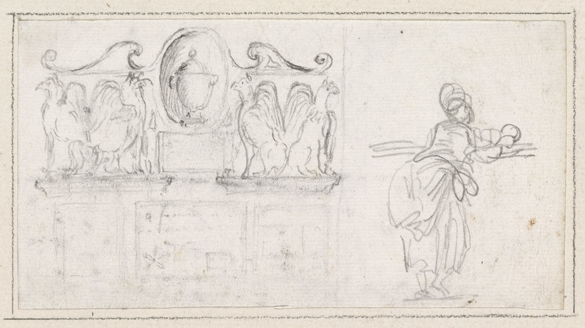 A Decorative Sculpture with a Woman Seen from Behind by Hubert Robert (French, 1733 - 1808), 16X12"(A3)Poster Print