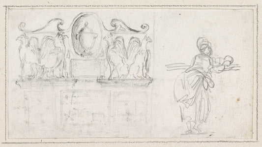 A Decorative Sculpture with a Woman Seen from Behind by Hubert Robert (French, 1733 - 1808), 16X12"(A3)Poster Print