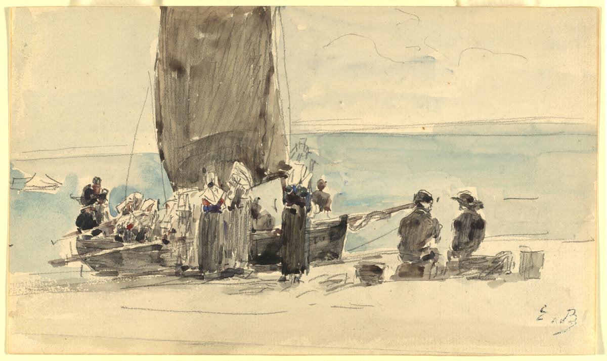 Loading the Boats by Eugène Boudin (French, 1824 - 1898), 16X12"(A3)Poster Print