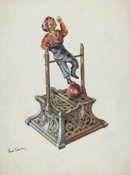Metal Toy Bank: Boy on Bar by Lew Tower (American, active c. 1935), 16X12"(A3)Poster Print