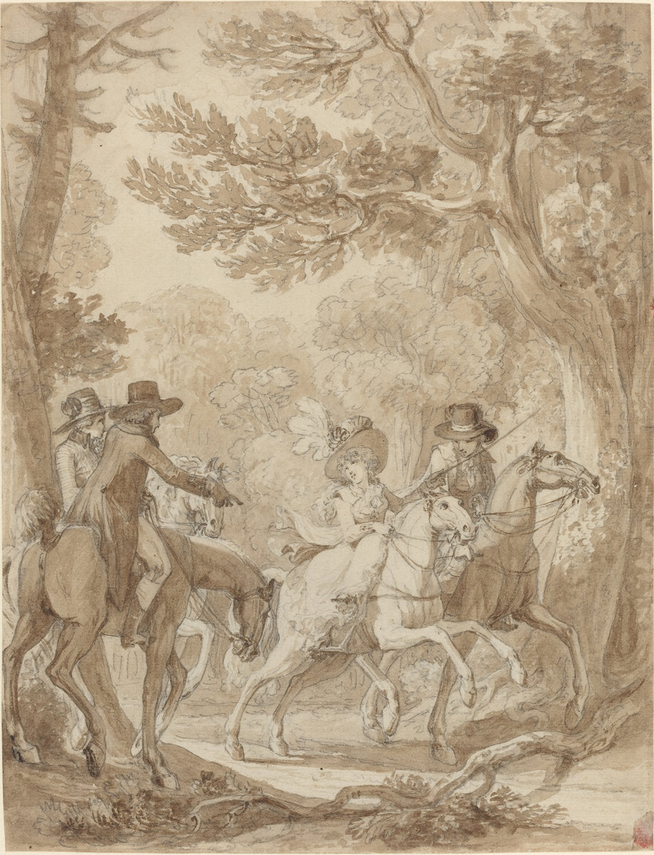 Lady and Gentlemen Riding in a Park by Jean-Michel Moreau (French, 1741 - 1814), 16X12"(A3)Poster Print