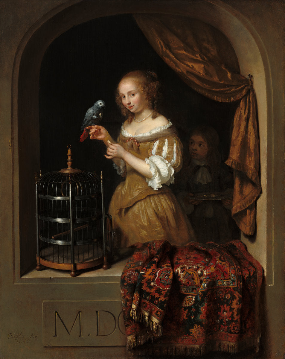 A Woman Feeding a Parrot, with a Page by Caspar Netscher (Dutch, 1639 - 1684), 16X12"(A3)Poster Print
