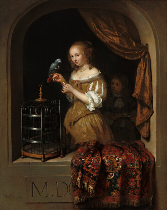 A Woman Feeding a Parrot, with a Page by Caspar Netscher (Dutch, 1639 - 1684), 16X12"(A3)Poster Print