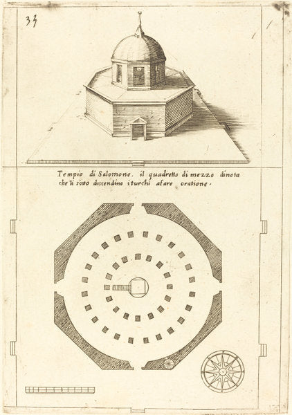 Plan and Rendering of the Temple of Solomon by Jacques Callot (French, 1592 - 1635), 16X12"(A3)Poster Print
