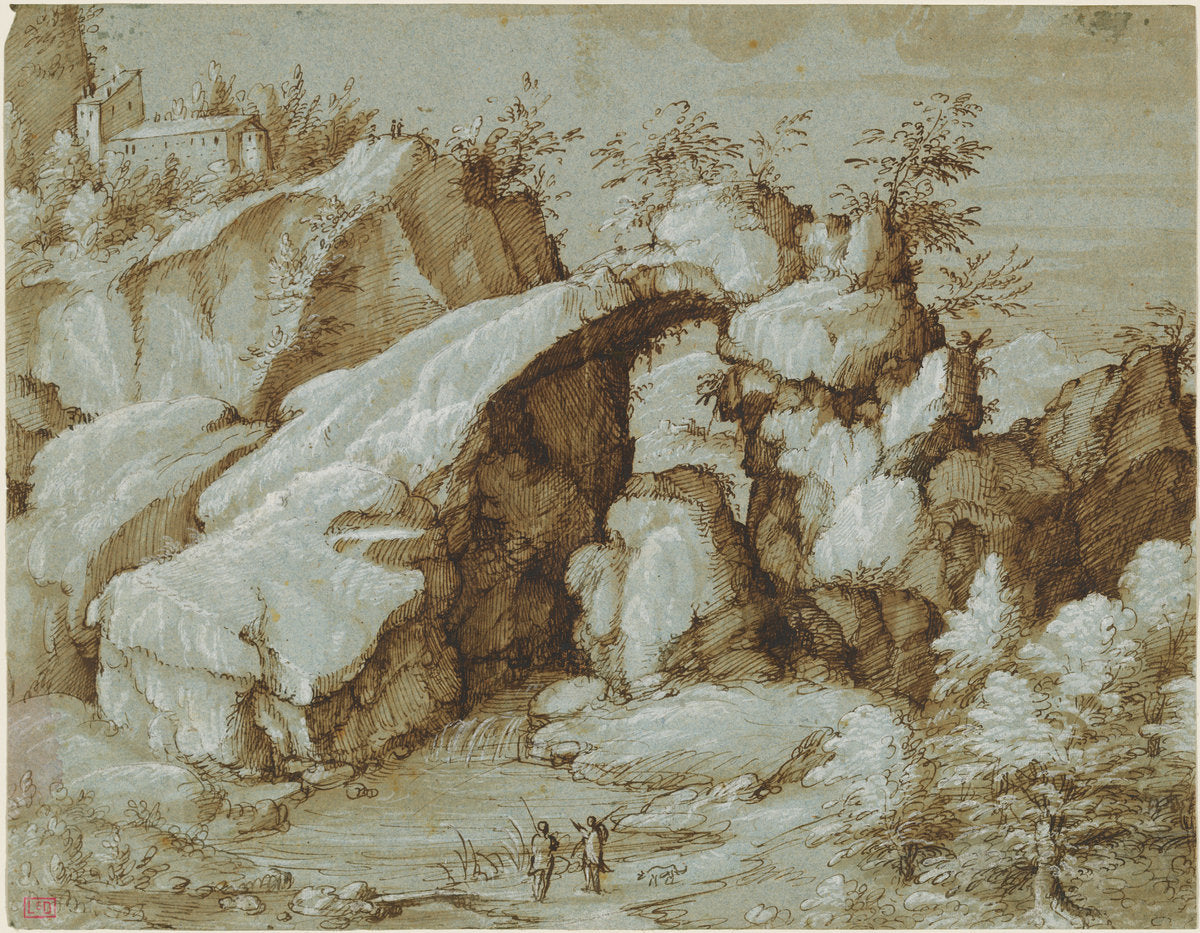 Rocky Landscape with a Natural Arch by Gherardo Cibo (Italian, 1512 - 1600), 16X12"(A3)Poster Print