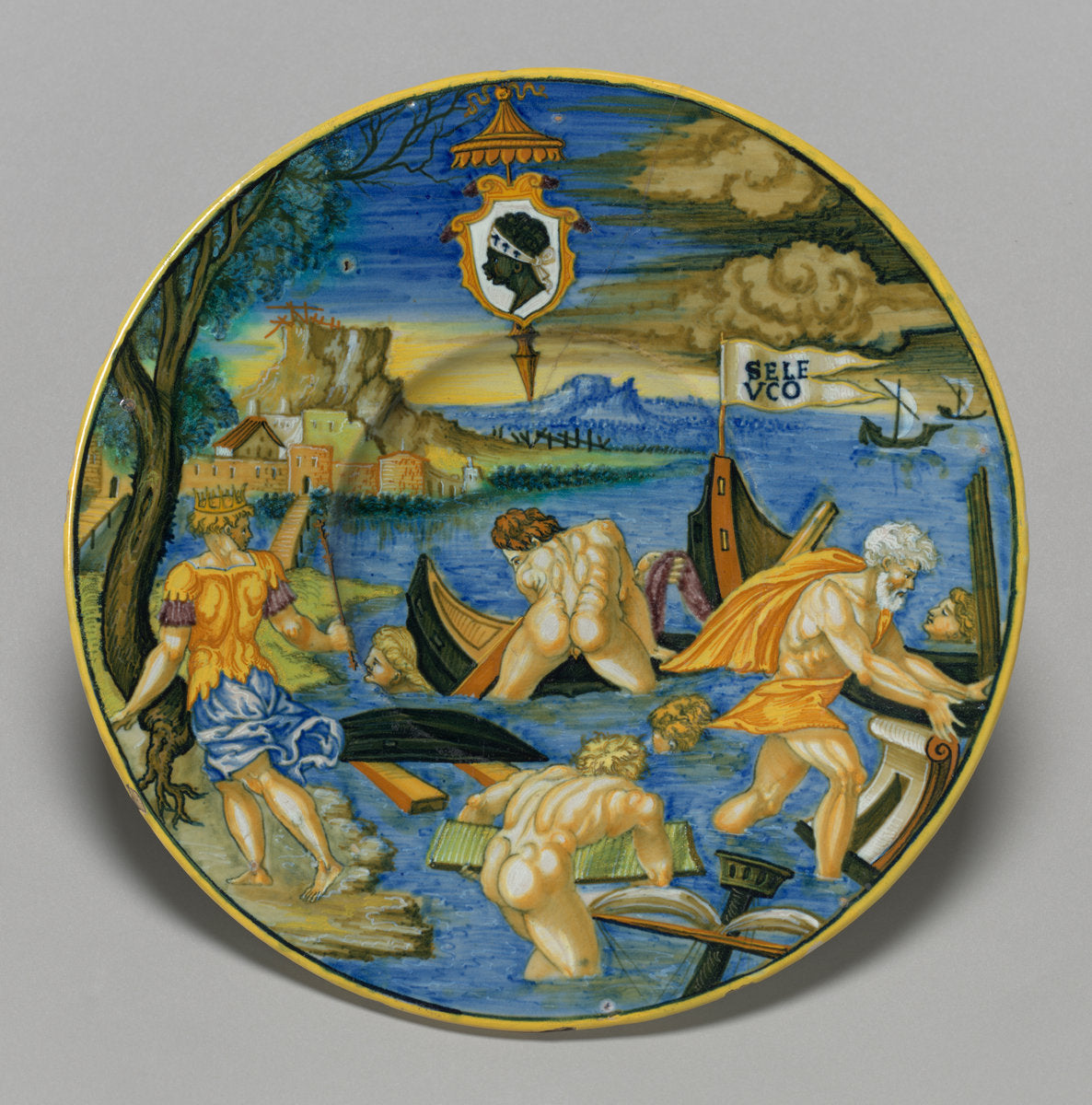 Plate with the Sinking of the Fleet of Seleucus (from the Pucci Service) by Painted by Francesco Xanto Avelli (Italian (Rovigo), active in Urbino, c. 1486/1487 - after 1542), 16X12"(A3)Poster Print