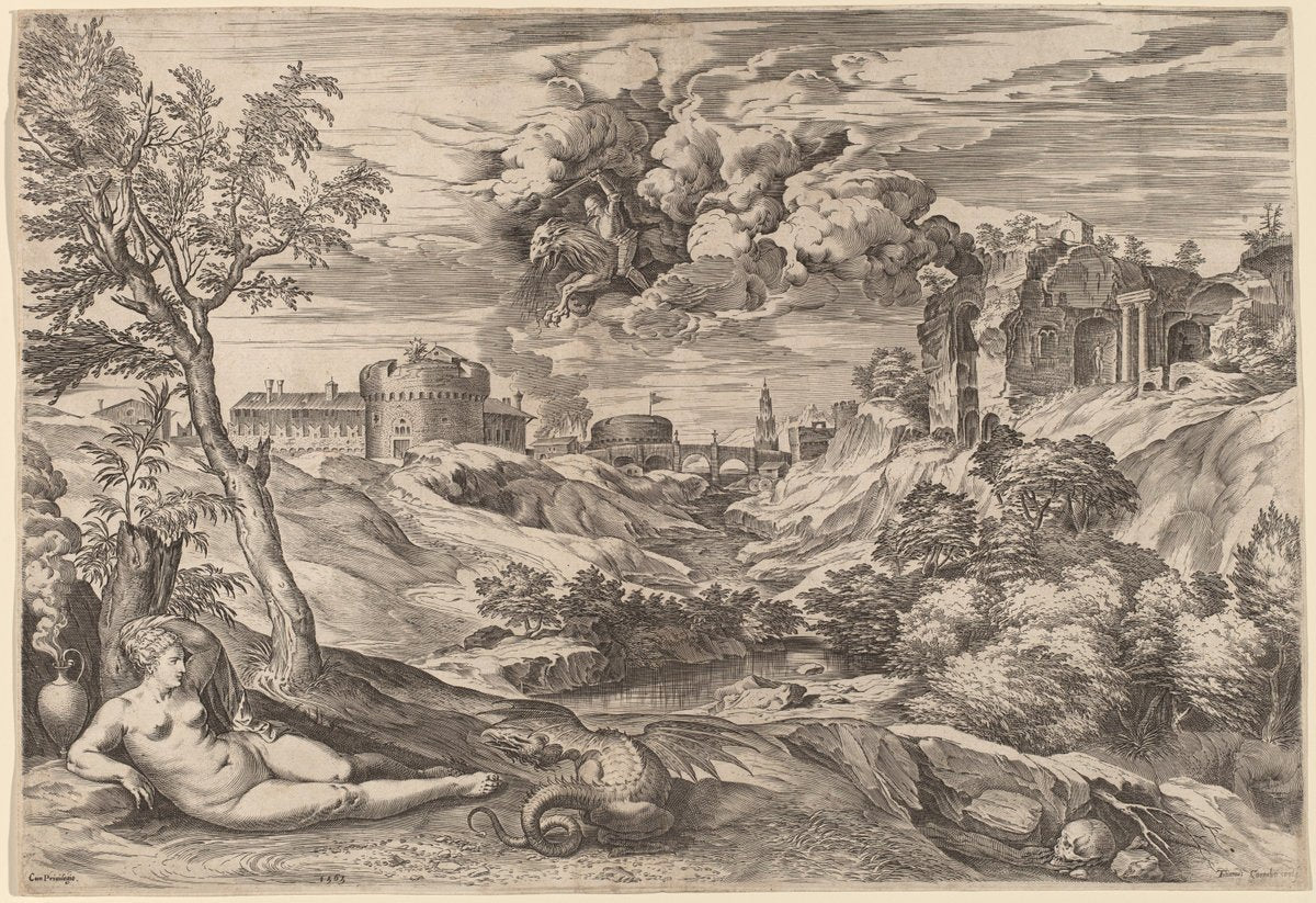 Landscape with Roger Liberating Angelica by Cornelis Cort after Titian (Netherlandish, 1533 - 1578), 16X12"(A3)Poster Print