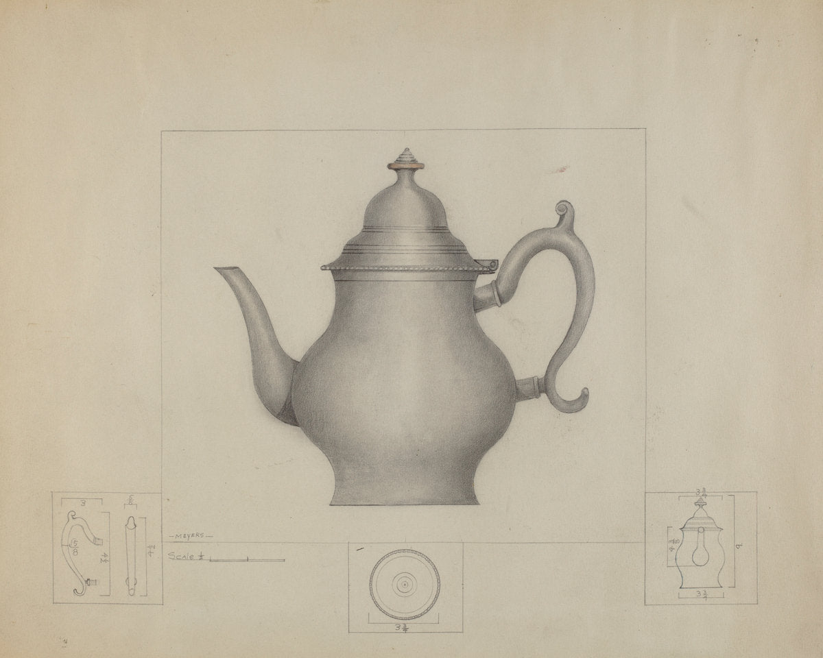 Pewter Coffee Pot by Henry Meyers (American, active c. 1935), 16X12"(A3)Poster Print