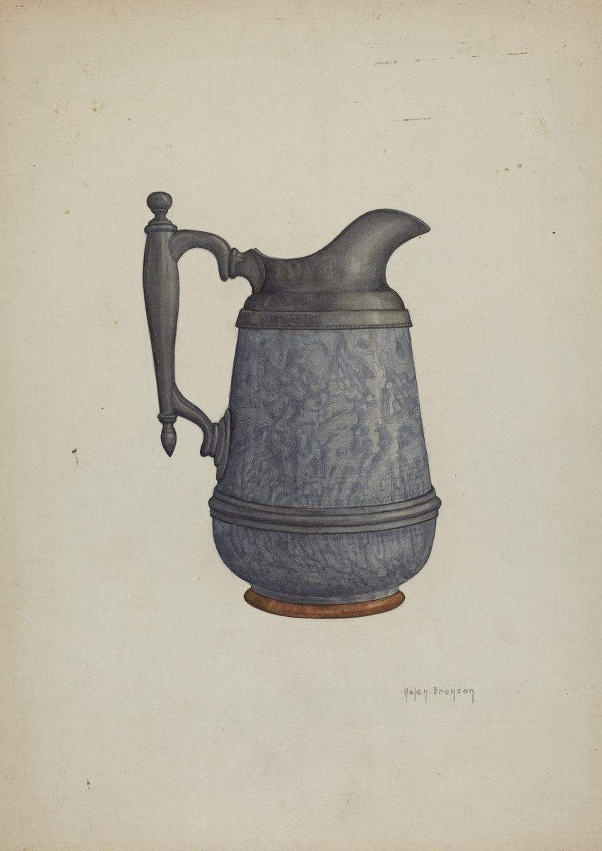 Pewter and Ceramic Pitcher by Helen Bronson (American, active c. 1935), 16X12"(A3)Poster Print
