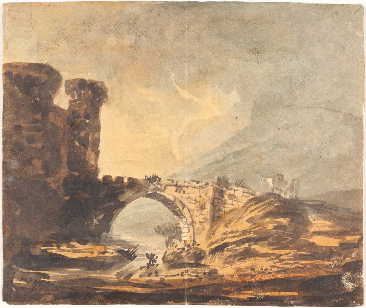 Landscape with a Castle and Bridge by William Payne (British, c. 1760 - 1830), 16X12"(A3)Poster Print
