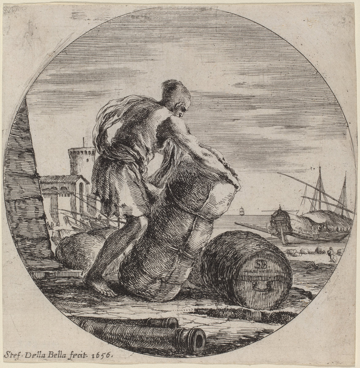 Galley Slave Hauling a Ship's Cargo by Stefano Della Bella (Italian, 1610 - 1664), 16X12"(A3)Poster Print