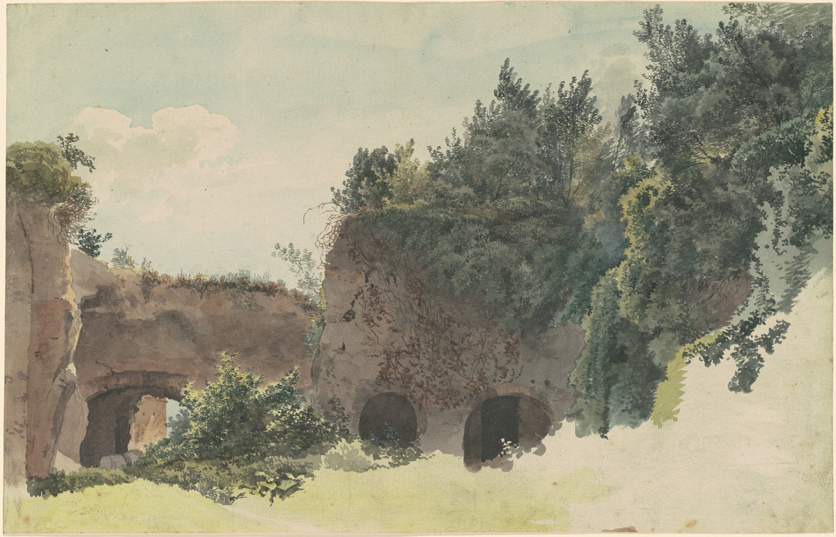 Ancient Roman Ruins Overgrown with Trees and Bushes by Johann Gottfried Klinsky (German, 1765 - 1828), 16X12"(A3)Poster Print
