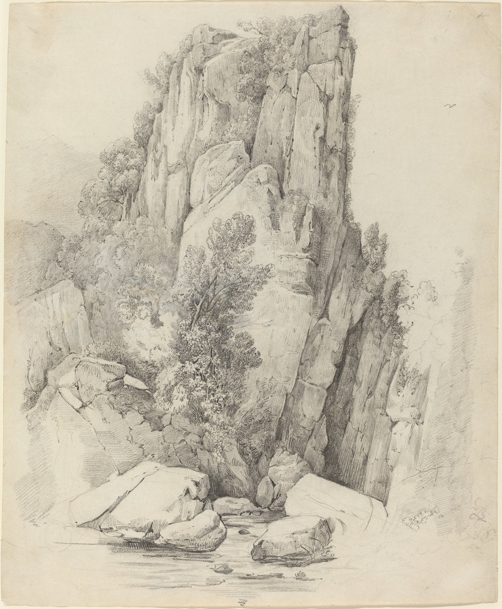 Rock Cliffs above a Stream by Johann Christoph Erhard (German, 1795 - 1822), 16X12"(A3)Poster Print