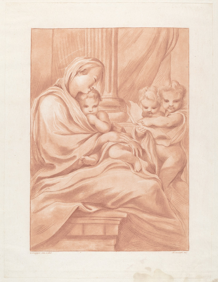 Virgin and Child with Two Angels by Andrea Scacciati after Correggio (Italian, 1725 - 1771), 16X12"(A3)Poster Print