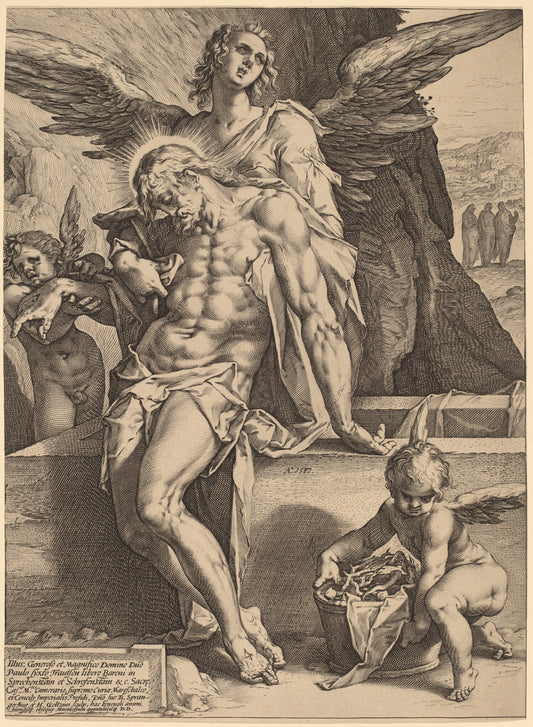 The Body of Christ Supported by Angels by Hendrick Goltzius, after Bartholomaeus Spranger (Dutch, 1558 - 1617), 16X12"(A3)Poster Print
