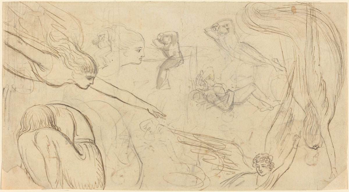 Sheet of Studies with Angels and Cowering Figures (Illustration for Macklin's Bible?) by Thomas Stothard (British, 1755 - 1834), 16X12"(A3)Poster Print