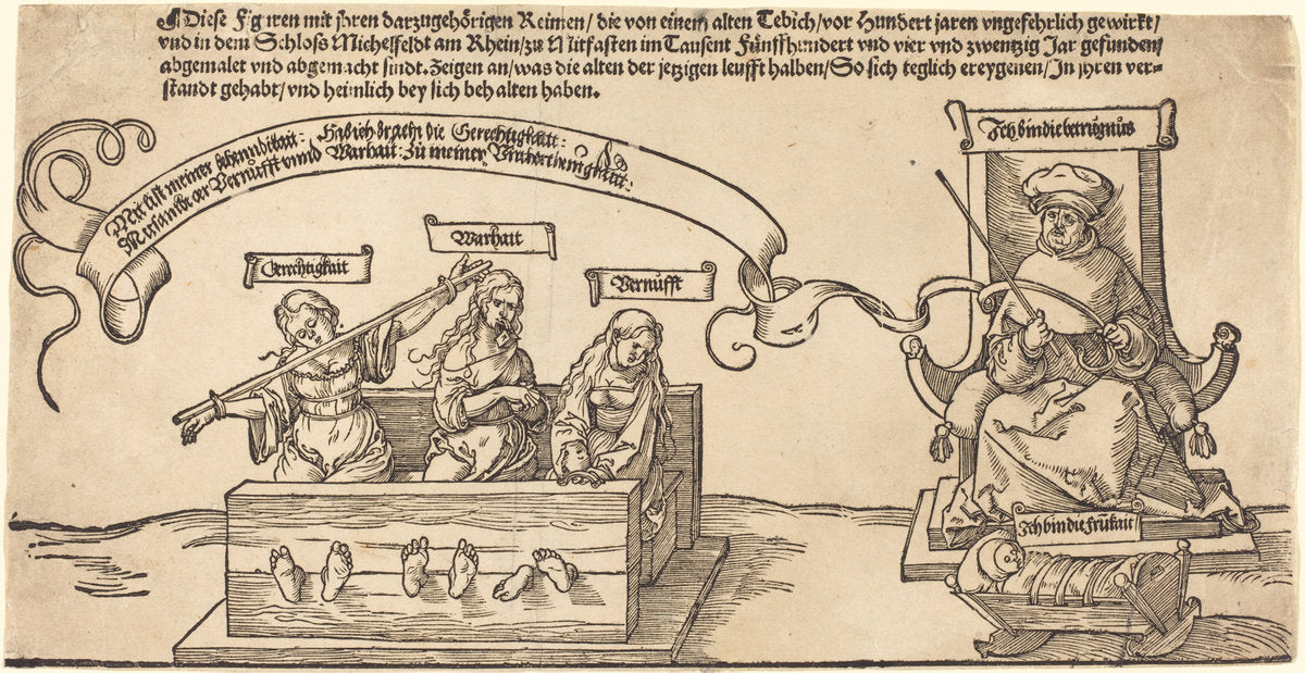 Justice, Truth and Reason in the Stocks with the Seated Judge and Sleeping Piety by Albrecht Dürer (German, 1471 - 1528), 16X12"(A3)Poster Print