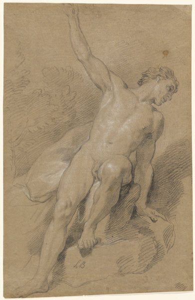 Male Nude Seated on Rocks by Louis de Boullogne the Younger (French, 1654 - 1733), 16X12"(A3)Poster Print