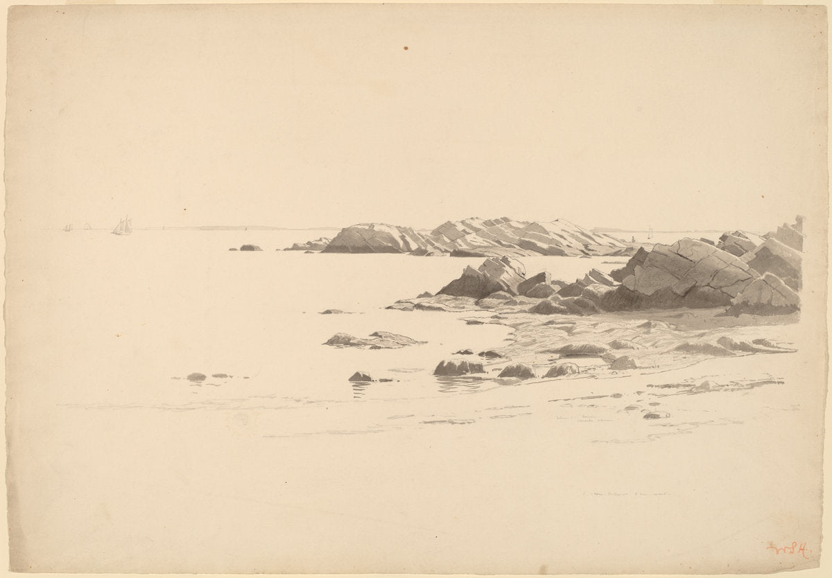 Rocklined Beach with Distant Boats by William Stanley Haseltine (American, 1835 - 1900), 16X12"(A3)Poster Print