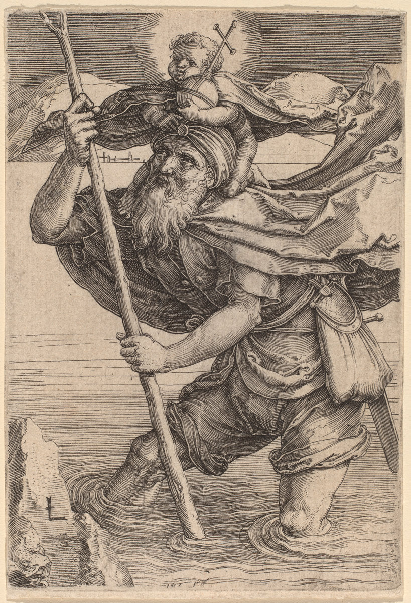 Saint Christopher Carrying the Infant Christ by Lucas van Leyden (Netherlandish, 1489/1494 - 1533), 16X12"(A3)Poster Print