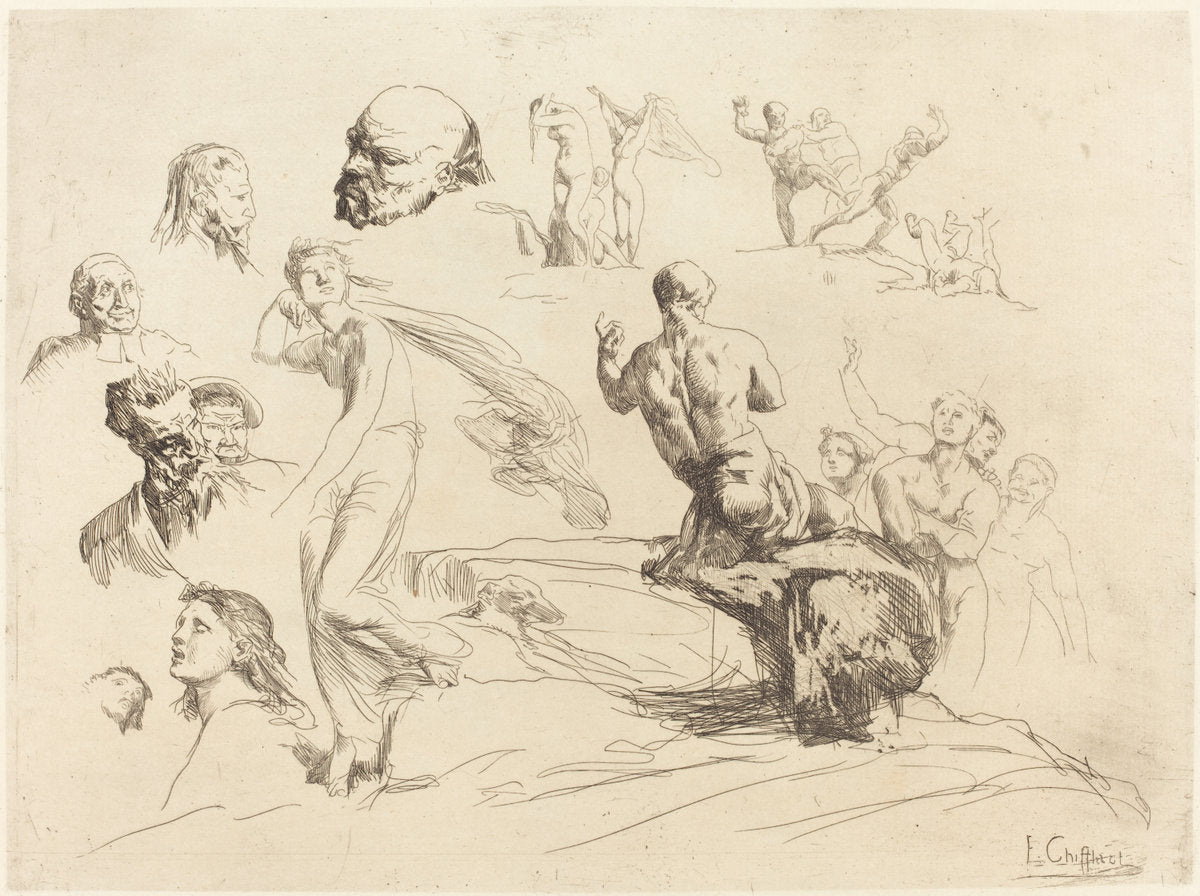 Sketch Sheet by François-Nicolas Chifflart (French, 1825 - 1901), 16X12"(A3)Poster Print