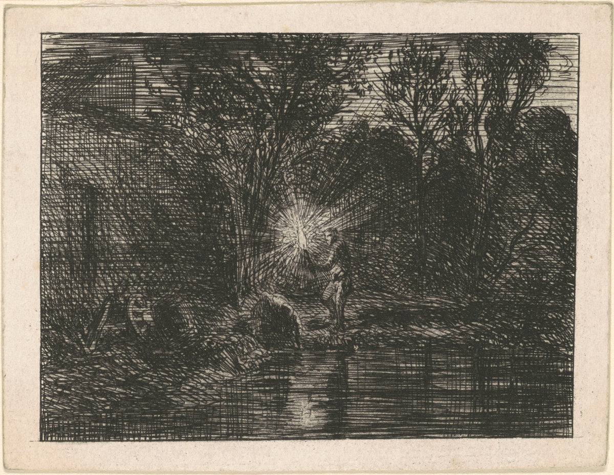 Riverbank at Night by Charles Émile Jacque (French, 1813 - 1894), 16X12"(A3)Poster Print
