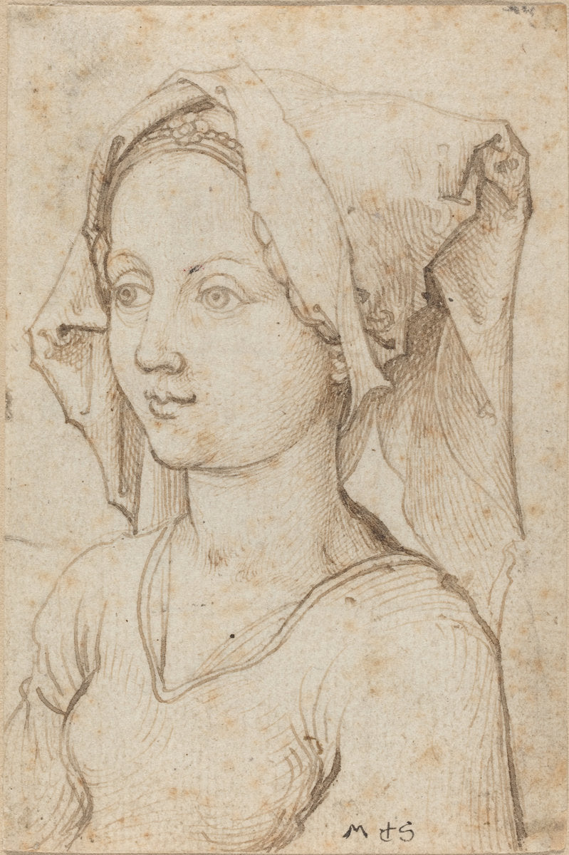 Young Woman Wearing a Scarf by Martin Schongauer (German, c. 1450 - 1491), 16X12"(A3)Poster Print