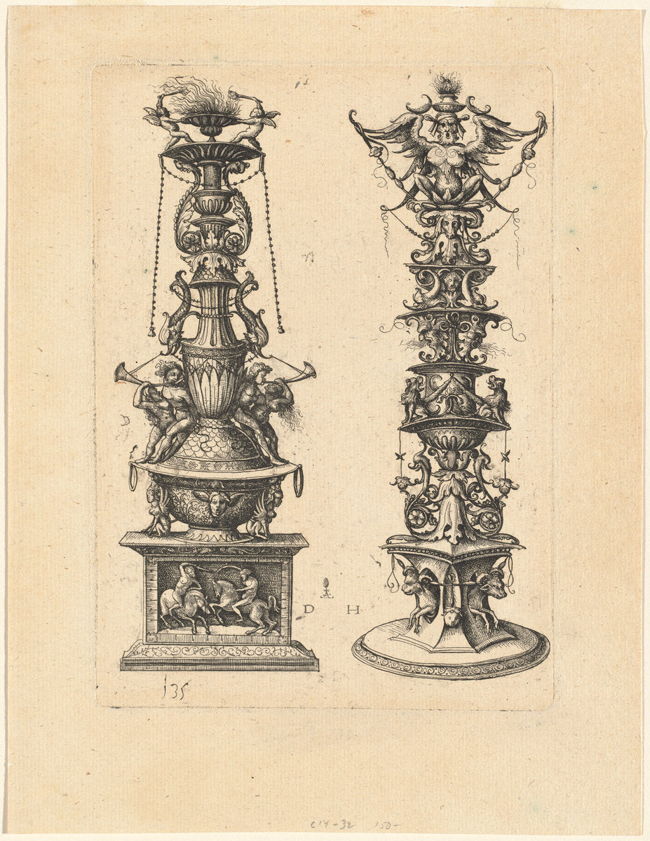 Two Candelabrum Designs by Daniel Hopfer (German, c. 1470 - 1536), 16X12"(A3)Poster Print