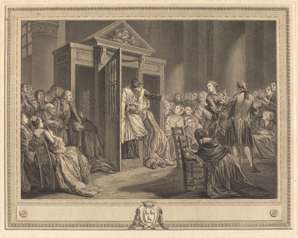 Le confessional by Pierre Etienne Moitte after Pierre-Antoine Baudouin (French, 1722 - 1780), 16X12"(A3)Poster Print