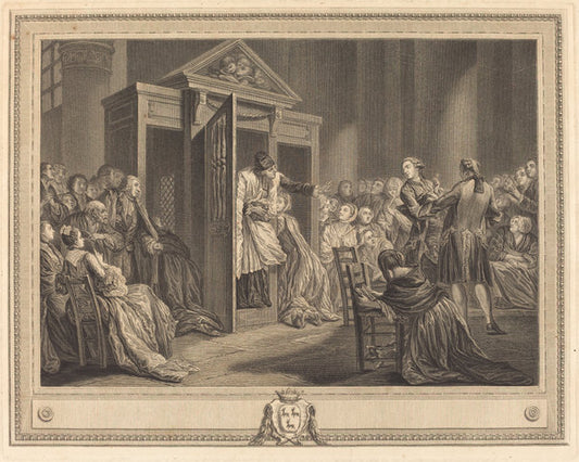 Le confessional by Pierre Etienne Moitte after Pierre-Antoine Baudouin (French, 1722 - 1780), 16X12"(A3)Poster Print