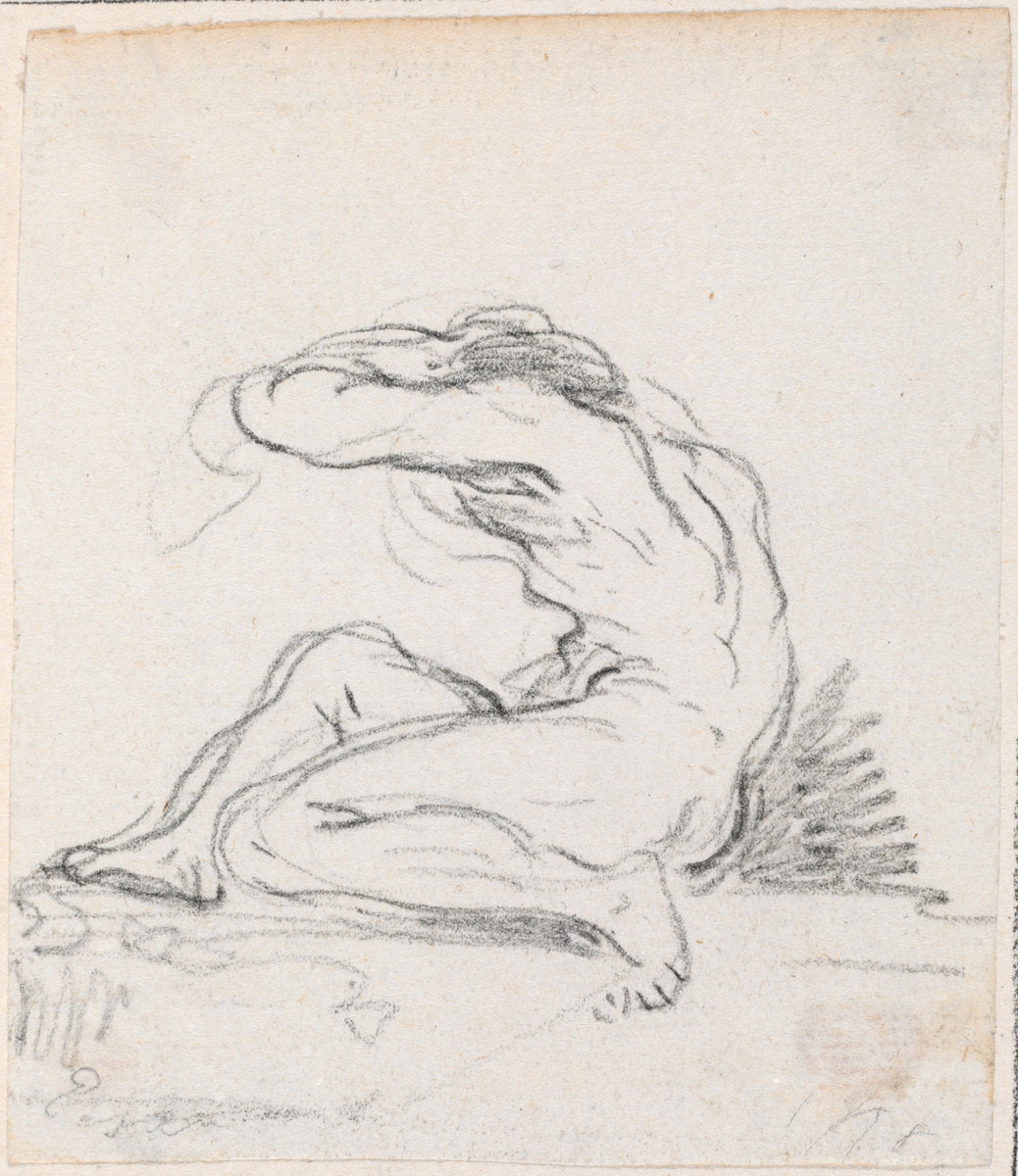 Seated Male Nude with Arm over Head, Seen from the Side by Hubert Robert (French, 1733 - 1808), 16X12"(A3)Poster Print