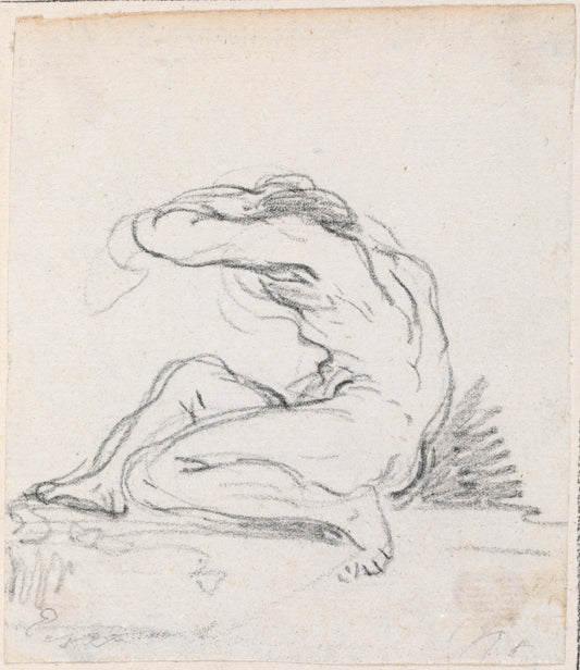 Seated Male Nude with Arm over Head, Seen from the Side by Hubert Robert (French, 1733 - 1808), 16X12"(A3)Poster Print