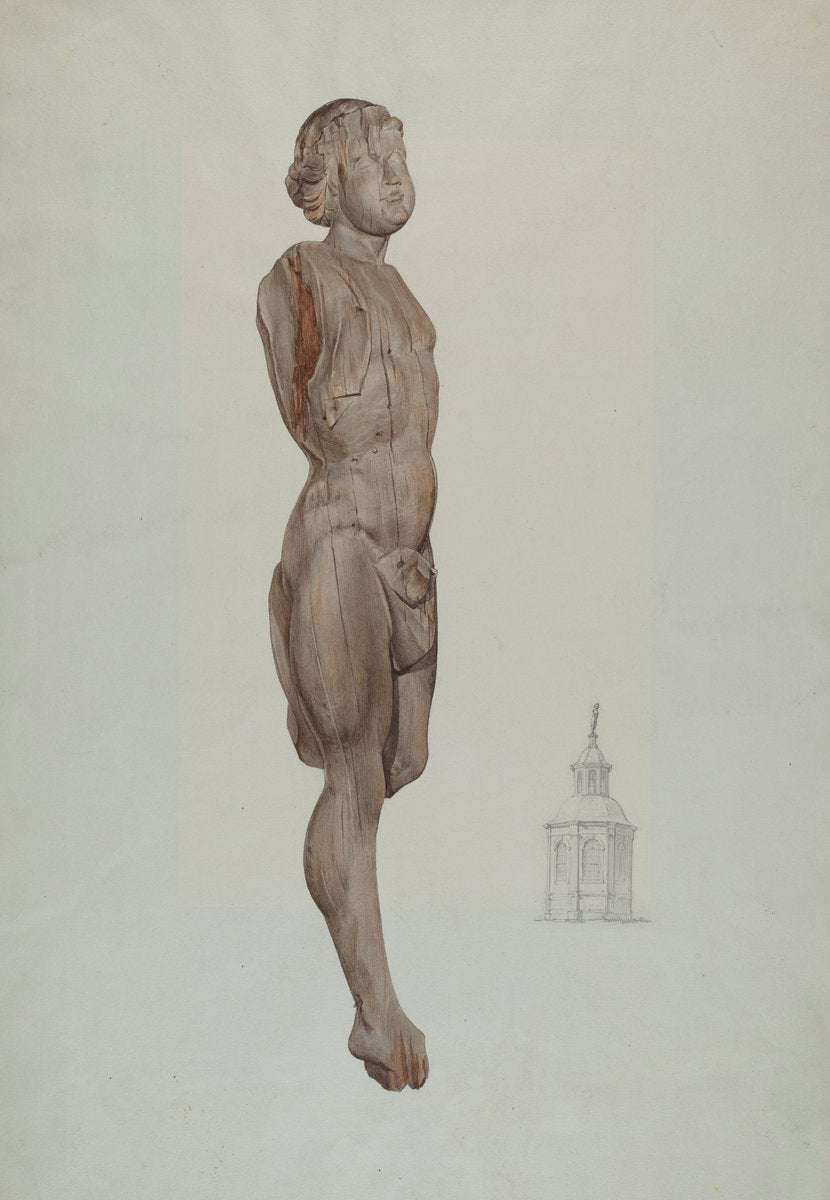 Carved Wood Figure - "Flying Mercury" by Ingrid Selmer-Larsen (American, 1913 - 2005), 16X12"(A3)Poster Print