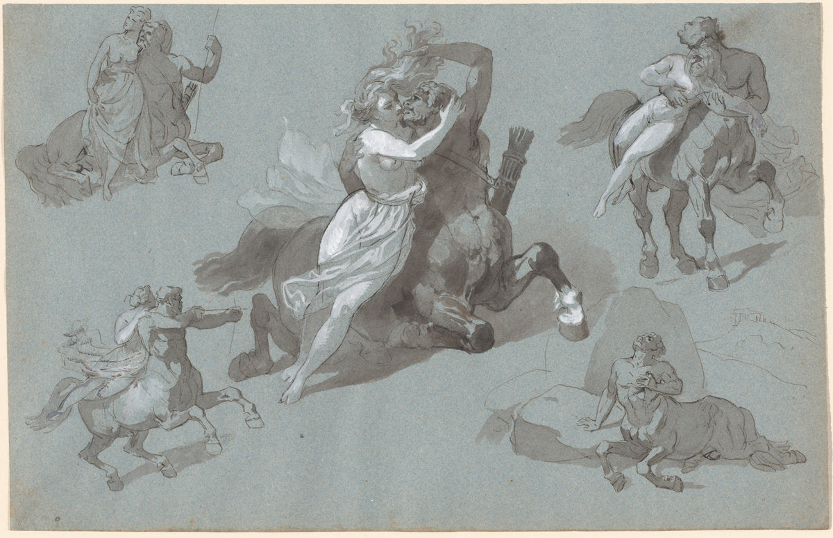 Nessus and Dejanira in Four Poses, and the Dying Nessus by Hippolyte Lalaisse (French, 1810 - 1884), 16X12"(A3)Poster Print