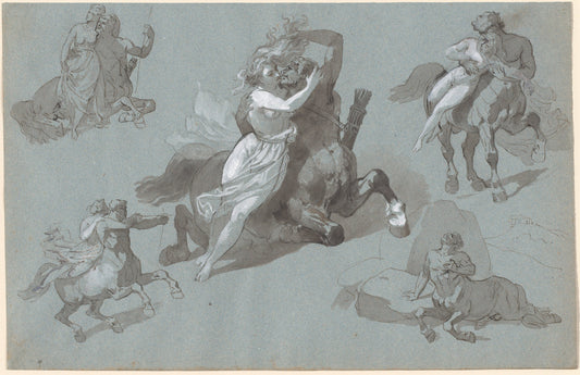 Nessus and Dejanira in Four Poses, and the Dying Nessus by Hippolyte Lalaisse (French, 1810 - 1884), 16X12"(A3)Poster Print
