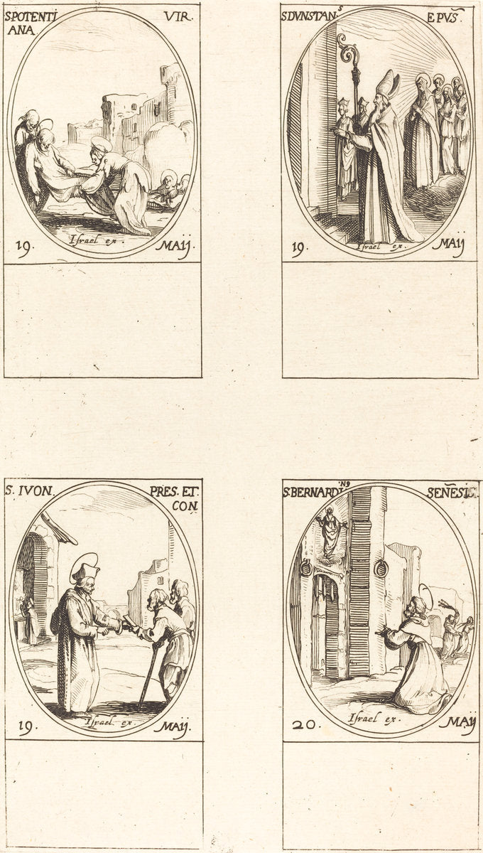St. Potentiana; St. Dunstan; St. Yvo; St. Bernardinus of Siena by Jacques Callot (French, 1592 - 1635), 16X12"(A3)Poster Print