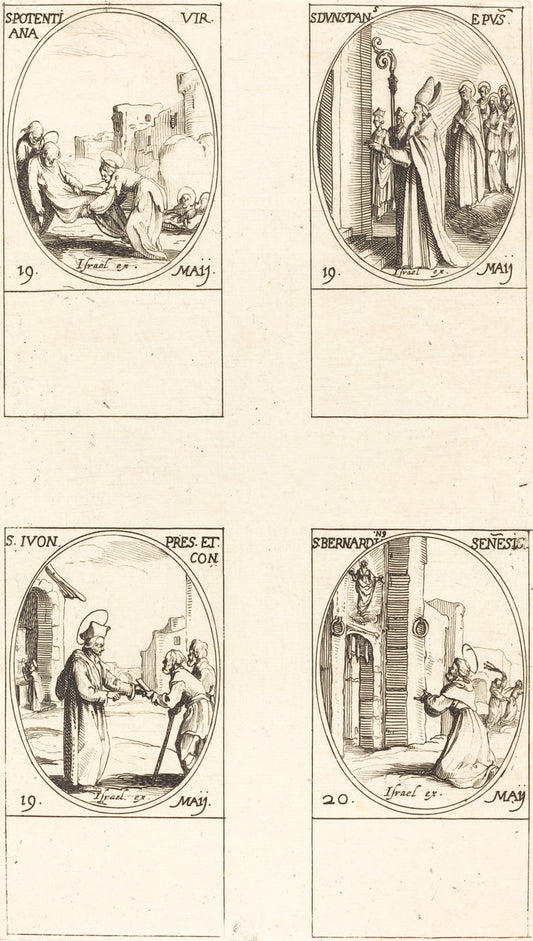 St. Potentiana; St. Dunstan; St. Yvo; St. Bernardinus of Siena by Jacques Callot (French, 1592 - 1635), 16X12"(A3)Poster Print
