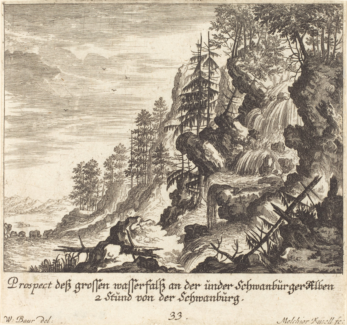 Large Waterfall, Schwanburg by Melchior Küsel after Johann Wilhelm Baur (German, 1626 - 1683), 16X12"(A3)Poster Print