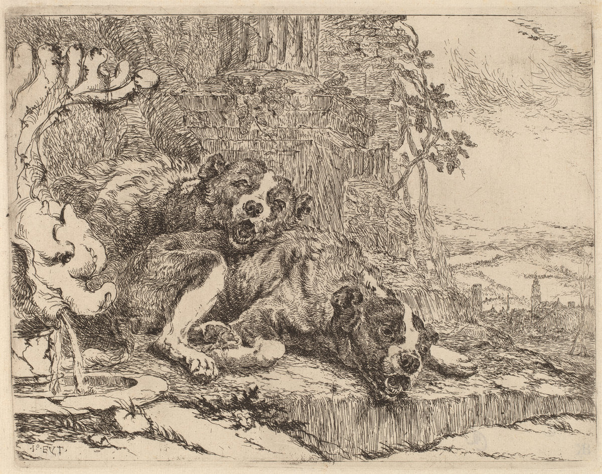 Two Mastiffs beside a Fountain by Jan Fyt (Flemish, 1611 - 1661), 16X12"(A3)Poster Print