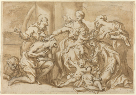 Madonna Surrounded by Saints by Domenico Piola I (Genoese, 1627 - 1703), 16X12"(A3)Poster Print