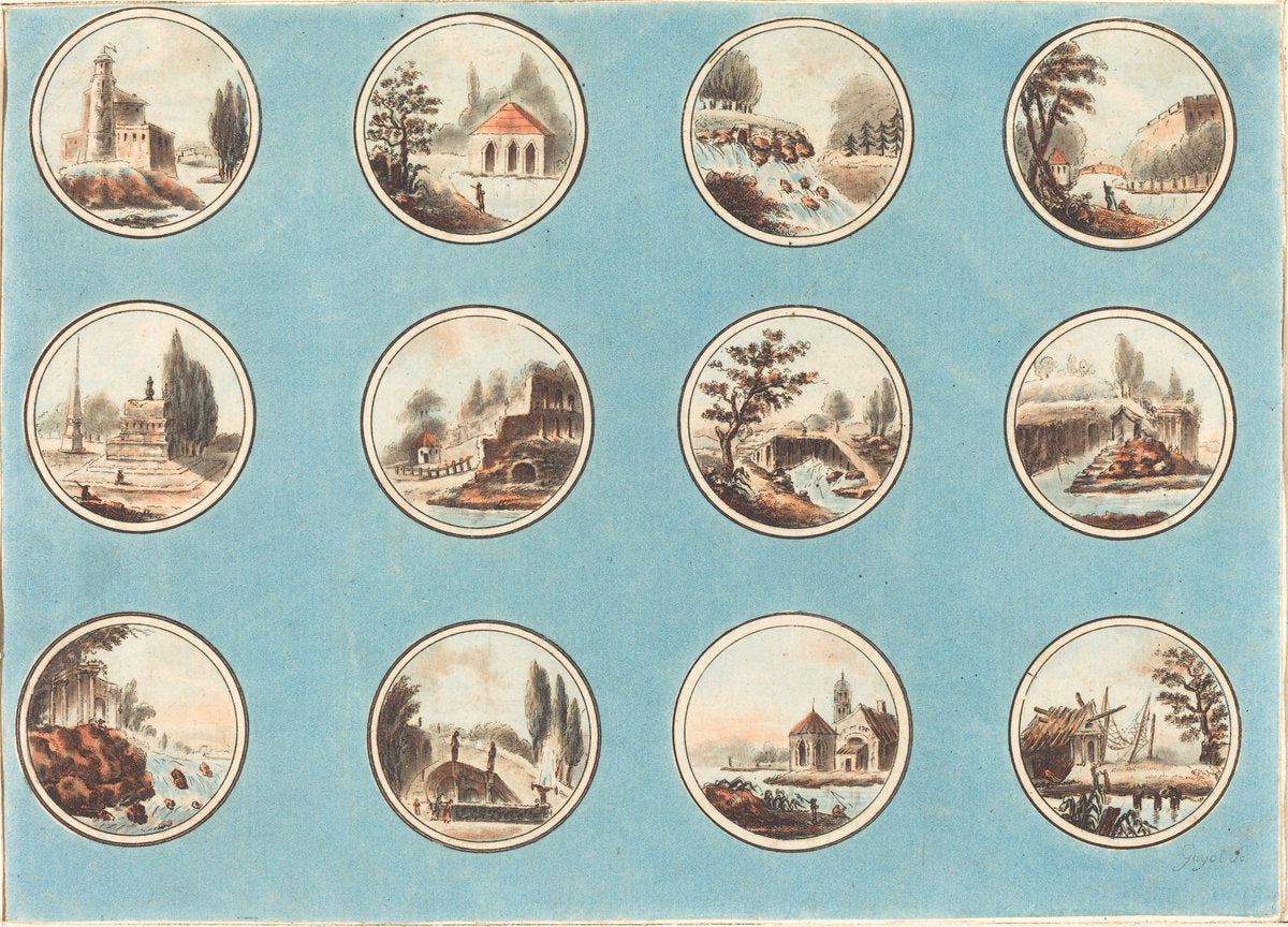 Twelve Roundels with Landscapes by Laurent Guyot after Jean Henry Alexandre Pernet (French, 1756 - 1806 or 1808), 16X12"(A3)Poster Print