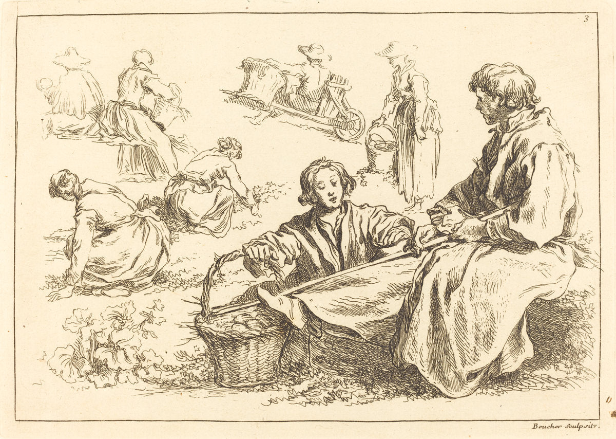 Figure Studies including Two Seated Peasants by François Boucher after Abraham Bloemaert (French, 1703 - 1770), 16X12"(A3)Poster Print